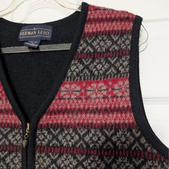 Herman Geist Fair Isle Vest Womens Size Large Black Red Wool Vintage Sleeveless - Picture 2 of 9